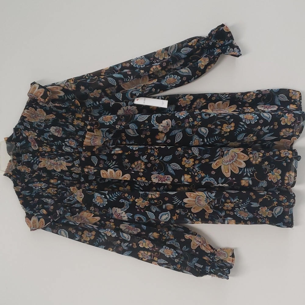 Dark floral babydoll dress smocked semi-sheer size medium